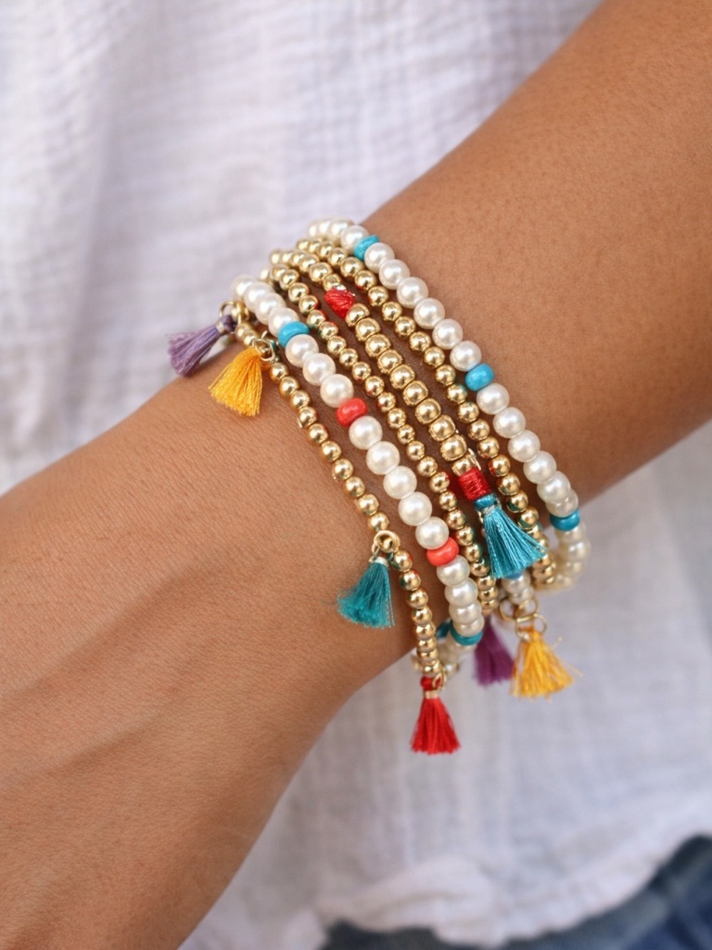 Multicolor Beaded Stack Bracelet Set Pearl Gold Tone Tassel Stretch Boho Layered